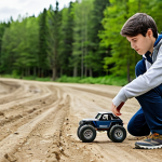 A focused young adult, fully clothed in modest, comfortable casual wear, holds an RC car remote control, intently observing an off-road RC truck driving on a well-maintained dirt track in a spacious, open outdoor park. The person exhibits a natural pose with perfect anatomy and well-formed hands, embodying concentration and learning in a family-friendly setting. The scene is captured with professional photography, showcasing high quality and appropriate content, safe for work.