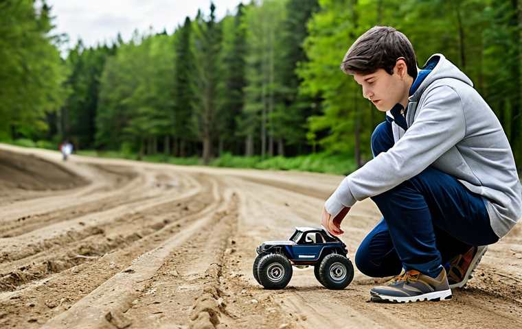 A focused young adult, fully clothed in modest, comfortable casual wear, holds an RC car remote control, intently observing an off-road RC truck driving on a well-maintained dirt track in a spacious, open outdoor park. The person exhibits a natural pose with perfect anatomy and well-formed hands, embodying concentration and learning in a family-friendly setting. The scene is captured with professional photography, showcasing high quality and appropriate content, safe for work.