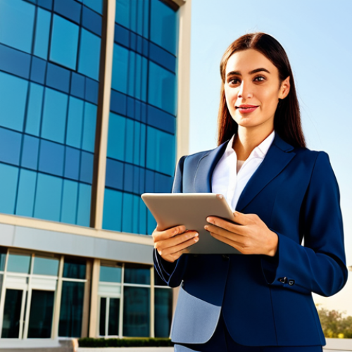 Home 6 **
A professional woman, fully clothed in a modest business suit, standing confidently in front of a modern office building in Dubai. The sun is shining, casting a warm glow. She is holding a tablet. Safe for work, appropriate content, professional attire, perfect anatomy, natural pose, high resolution.
**
