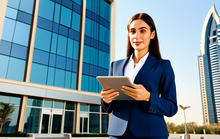 **

A professional woman, fully clothed in a modest business suit, standing confidently in front of a modern office building in Dubai. The sun is shining, casting a warm glow. She is holding a tablet. Safe for work, appropriate content, professional attire, perfect anatomy, natural pose, high resolution.

**