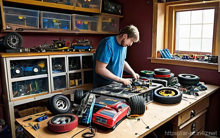RC카의 경제적 생산 방식 - **Prompt 1: Resourceful RC Car Builder's Workshop**
A detailed, wide-angle shot of a hobbyist's ...