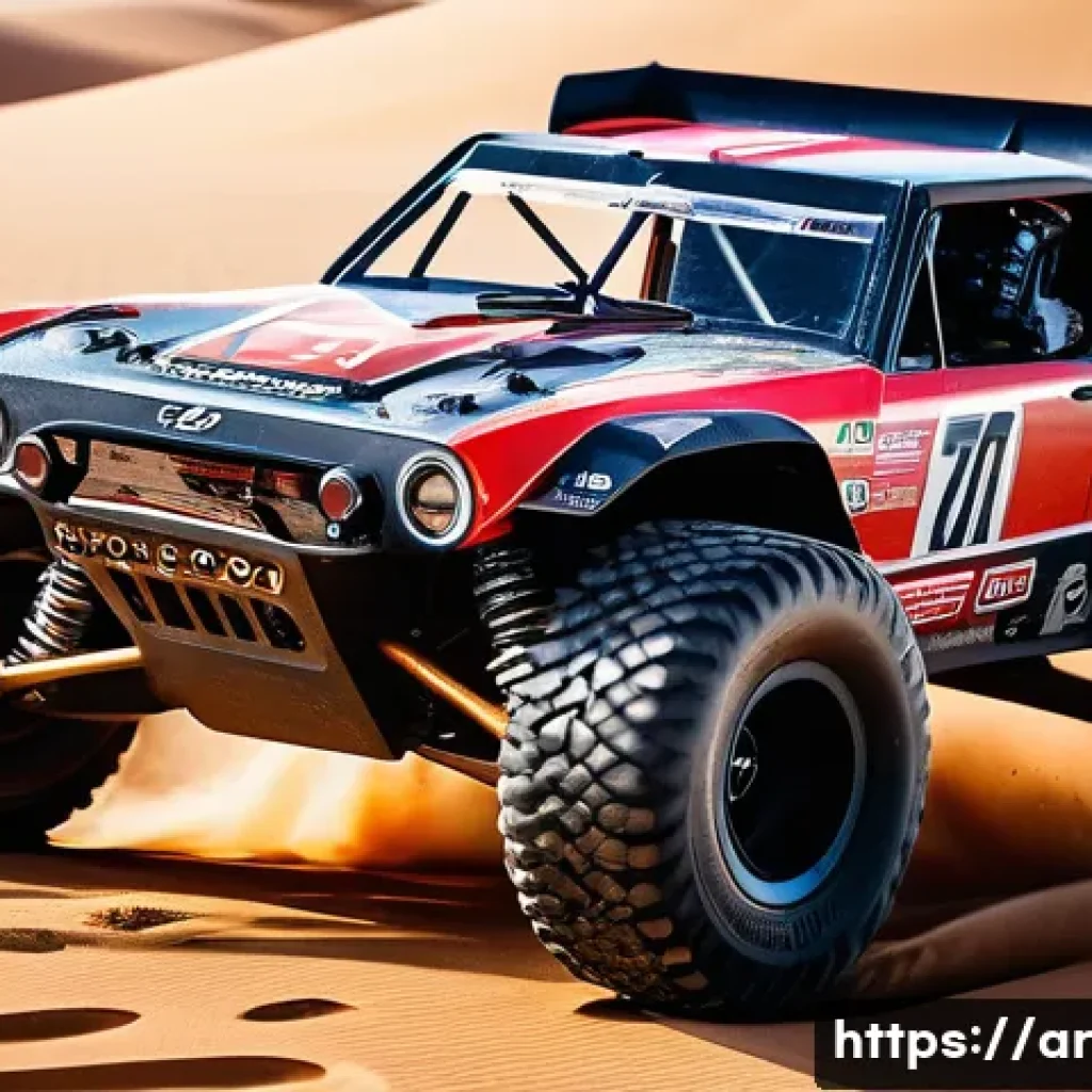 RC카의 최대 성능을 끌어내는 법 - A detailed close-up scene of a high-performance remote control car engine setup on a desert racing t...