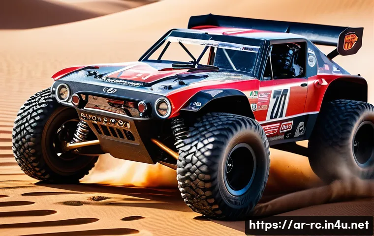 RC카의 최대 성능을 끌어내는 법 - A detailed close-up scene of a high-performance remote control car engine setup on a desert racing t...