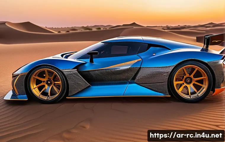 RC카의 독특한 커스터마이징 사례 - A highly detailed remote-controlled car featuring a sleek carbon fiber body with custom Arabic-inspi...