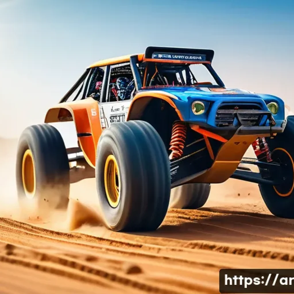 RC카와 관련된 글로벌 이벤트 - A dynamic close-up scene of a high-performance RC car racing on a dusty dirt track in a Middle Easte...