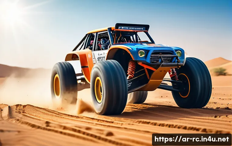 RC카와 관련된 글로벌 이벤트 - A dynamic close-up scene of a high-performance RC car racing on a dusty dirt track in a Middle Easte...