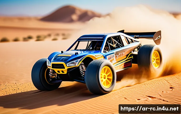 RC카 튜닝 후 테스트 방법 - A detailed close-up of a high-performance modified RC car racing on a sandy desert track under brigh...