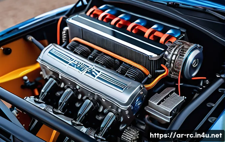 RC카 튜닝의 기술적 요소 - A detailed close-up of a high-performance RC car engine setup, showcasing a balanced mid-sized elect...