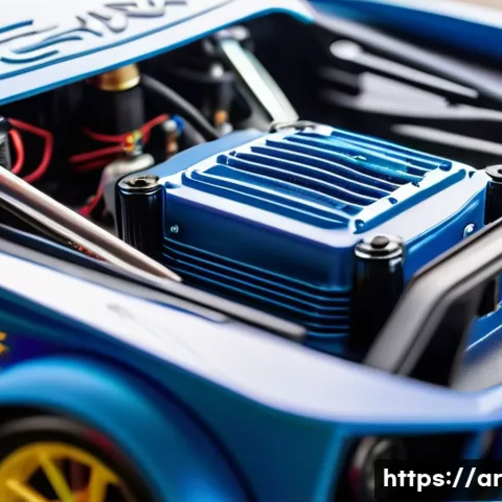 RC카 구매 시 주의점 - A detailed close-up of an electric RC car motor mounted inside a sleek RC car chassis, showcasing th...