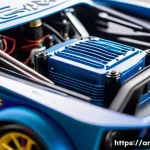 RC카 구매 시 주의점 - A detailed close-up of an electric RC car motor mounted inside a sleek RC car chassis, showcasing th...