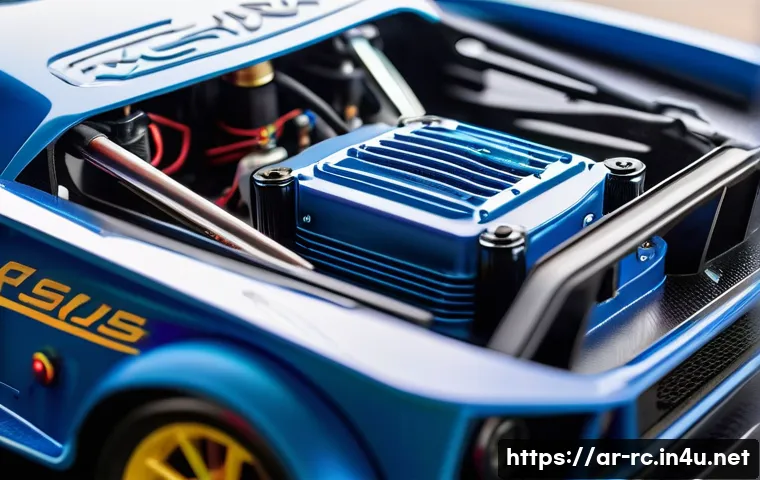 RC카 구매 시 주의점 - A detailed close-up of an electric RC car motor mounted inside a sleek RC car chassis, showcasing th...