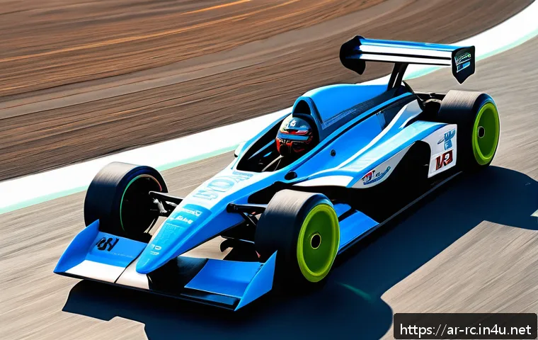 RC카에서 발생하는 공기역학 원리 - A detailed, close-up image of a high-performance RC car racing on a professional outdoor track in th...