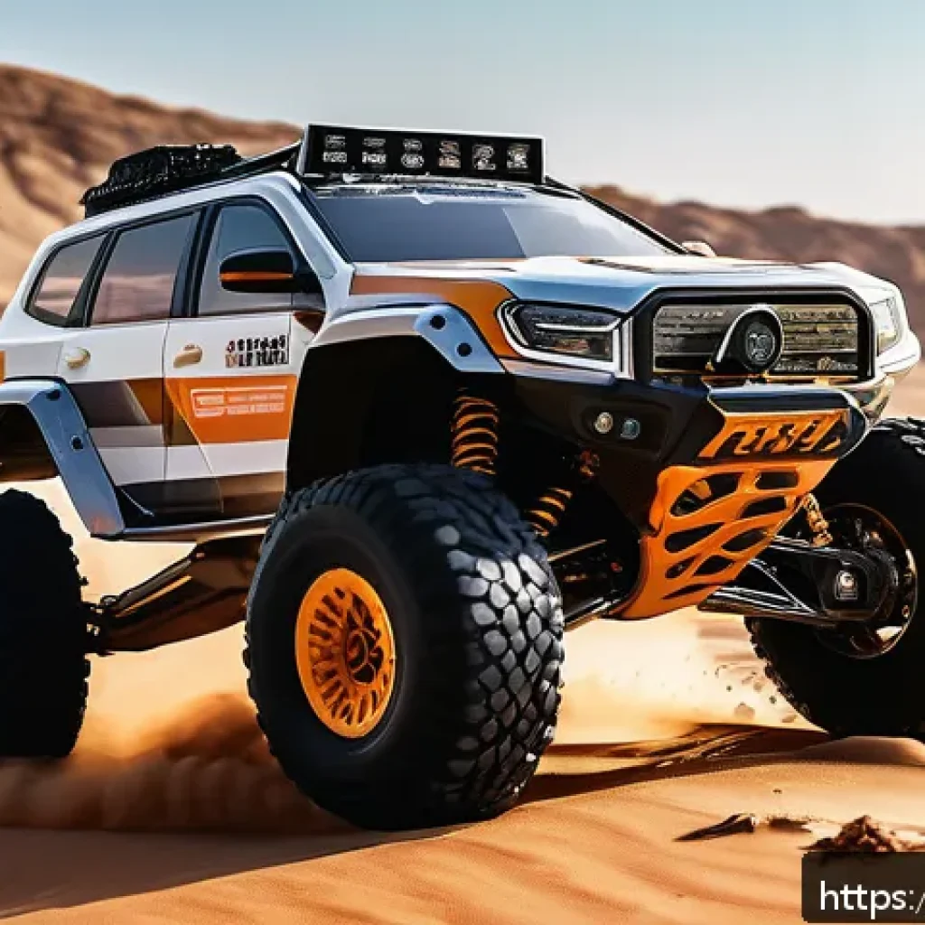 RC카의 내구성 시험 기준 - A detailed close-up image of a high-performance RC car driving over rugged desert terrain with visib...