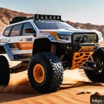 RC카의 내구성 시험 기준 - A detailed close-up image of a high-performance RC car driving over rugged desert terrain with visib...