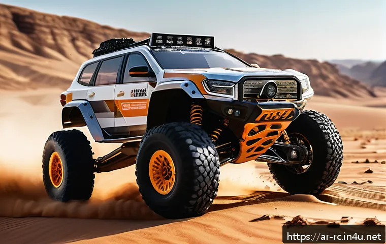 RC카의 내구성 시험 기준 - A detailed close-up image of a high-performance RC car driving over rugged desert terrain with visib...