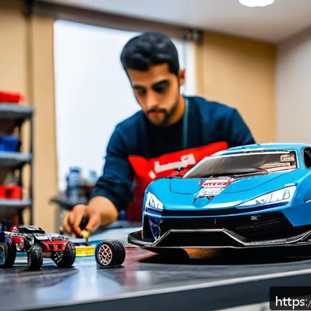 RC카 전문가 인터뷰 - A detailed scene of a beginner’s RC car workshop in Riyadh, Saudi Arabia, showcasing a variety of el...