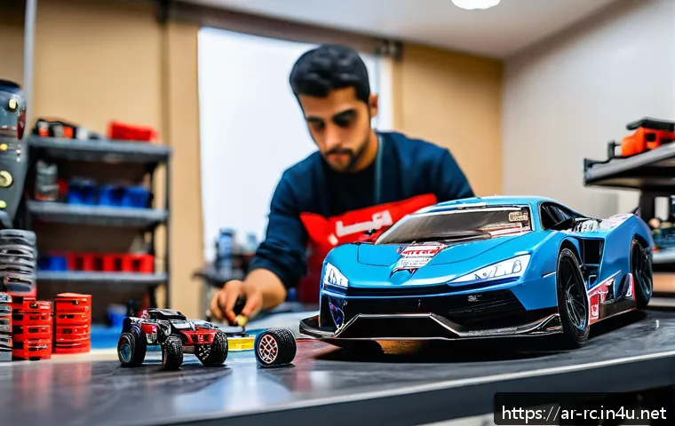 RC카 전문가 인터뷰 - A detailed scene of a beginner’s RC car workshop in Riyadh, Saudi Arabia, showcasing a variety of el...
