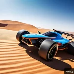 RC카 초소형 모델 리뷰 - A high-tech remote-controlled car racing on a rugged desert terrain under a bright blue sky, featuri...