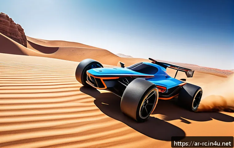 RC카 초소형 모델 리뷰 - A high-tech remote-controlled car racing on a rugged desert terrain under a bright blue sky, featuri...