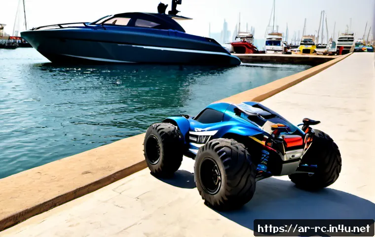 RC카와 모형 배의 차이 - Photorealistic side-by-side comparison on a clean outdoor patio beside a calm marina: a rugged elect...