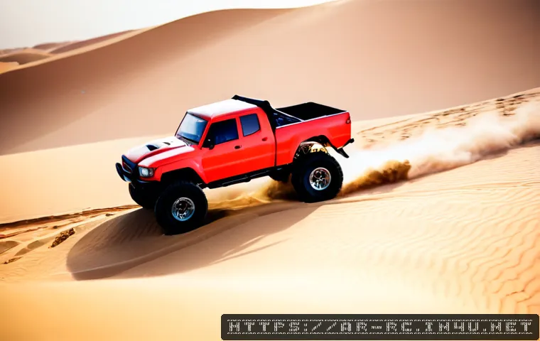 RC카를 활용한 유튜브 콘텐츠 - Photorealistic YouTube-style RC car challenge scene in a sunlit Arabian desert, a bright red off-roa...