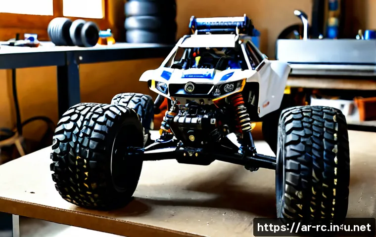 RC카의 기계적 부품 분석 - Photorealistic close-up analysis of an RC off-road car mechanical chassis on a clean workshop table,...