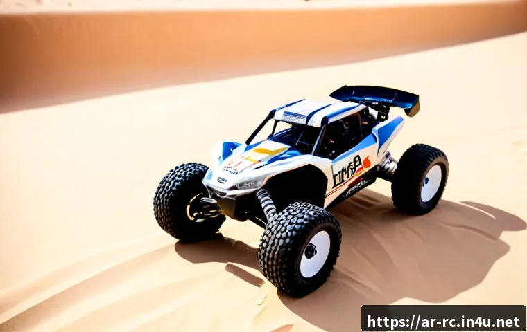 최신 RC카 모델 리뷰 - Photorealistic studio review scene of a sleek latest-generation off-road RC buggy displayed on a cle...